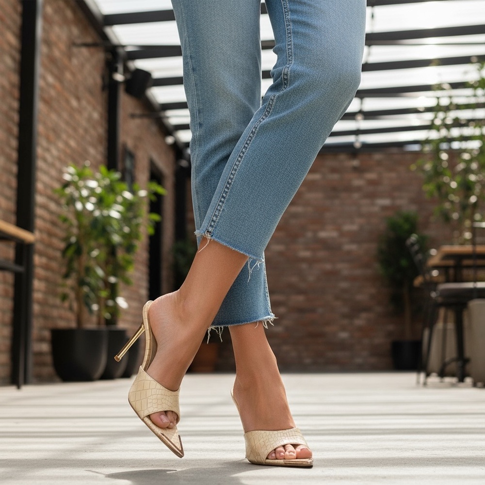 26-Mixx Shuz-Elegant Cream Stiletto Mules with gold tone toes